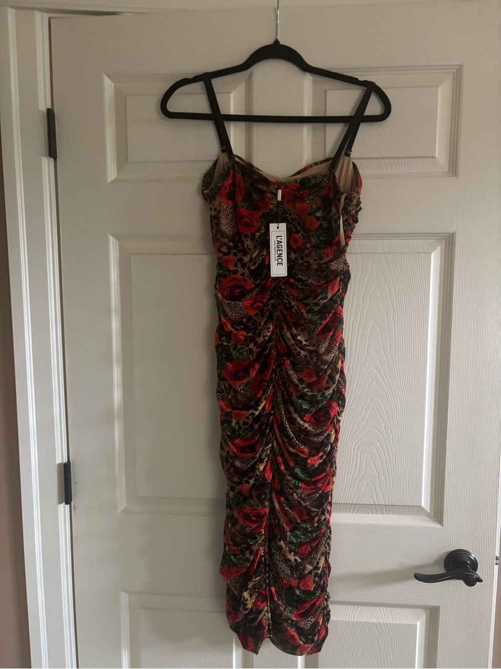 L'AGENCE Red Rose Print Ruched Midi Dress